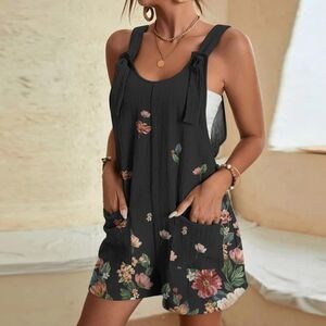 Sleeveless Summer Jumpsuit Shorts for Women Solid Loose Fit Rompers with Pocket